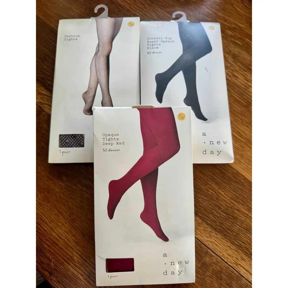 A New Day Tights Bundle 3pk Red Opaque Black Super Opaque Fishnet Size SM
